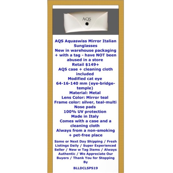 AQS Modified Cat Eye Sunglasses AQUASWISS Mirror Teal Lens Made Italy 🇮🇹 NWT - Picture 2 of 11